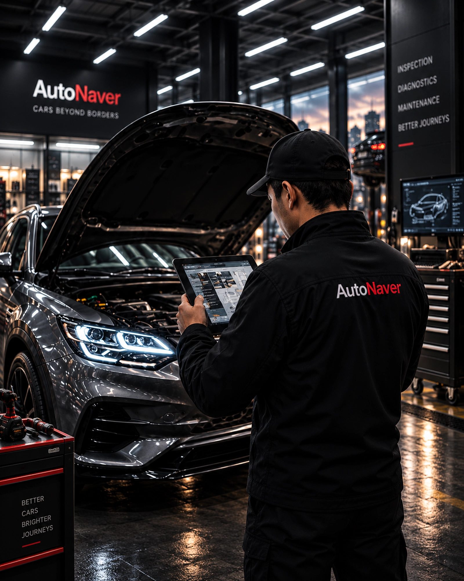 Специалист AutoNaver осматривает автомобиль и заполняет отчёт на планшете